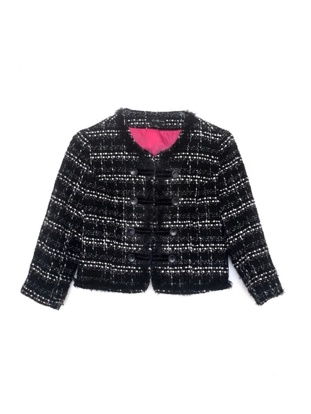 Forever 21 Black and White Tweed Style Cropped Blazer Jacket with Pink Lining